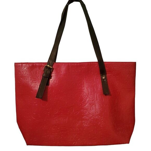 Pink Embossed Large Tote Bag With Faux Leather Brown Straps Gold Hardware - Picture 3 of 5